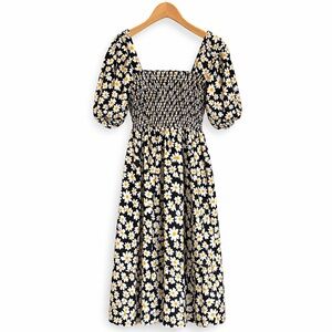 BOUTIQUE Daisy Floral Smocked Midi Dress Puff Sleeve Cottagecore Summer Dress